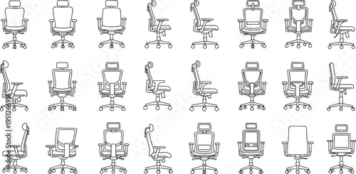 Set of modern ergonomic office chairs icons, line style vector illustration, furniture collection, workplace seating, adjustable swivel chairs design minimal