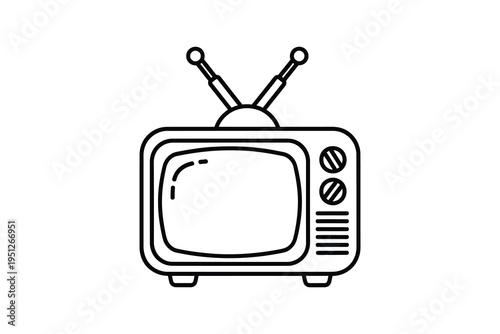 Vintage television set with antennae, old retro TV with dials and screen, classic media technology icon in black and white, simple line drawing illustration for graphic design and editorial use.