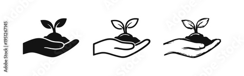 Hand holding plant seedling icon set, growth and environmental care concept for nature protection and gardening