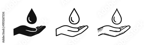 Hand holding shiny water drop icon set, clean water and purity concept for liquid and hygiene symbols