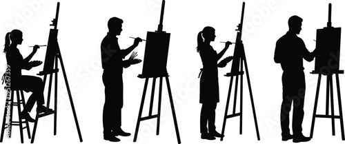 Silhouette artists painting on easels, creative people workshop studio, art class activity, painters at work, artistic lifestyle concept illustration modern