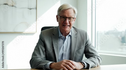 Mature Businessman Talking and Gesturing While Sitting at Desk in Office