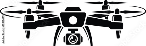 Minimalist black and white quadcopter drone silhouette illustration with mounted camera lens icon, modern UAV technology concept for aerial photography, videography, surveillance, delivery service