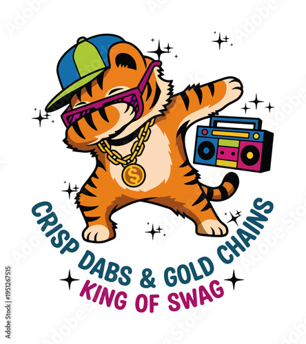 Cartoon tiger wearing a baseball cap sunglasses and a gold chain while dabbing next to a boombox celebrating swag Best Selling T-shirt Design