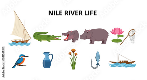 Illustration of various elements representing life along the Nile River including flora and fauna