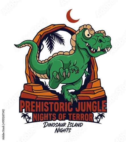 Cartoon TRex Dinosaur Walking Through a Prehistoric Jungle Archway with Palm Trees and Crescent Moon Overhead Best Selling T-shirt Design
