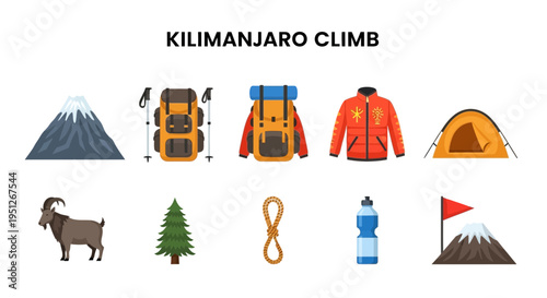 Flat icons illustrating gear and elements for a Kilimanjaro climb