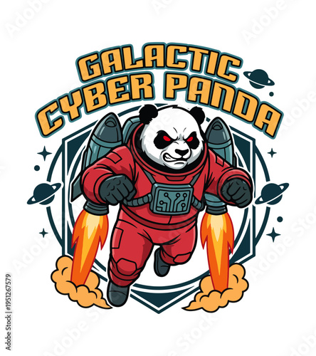 Fierce cybernetic panda astronaut with a jetpack flying through space with planets and stars around it Best Selling T-shirt Design