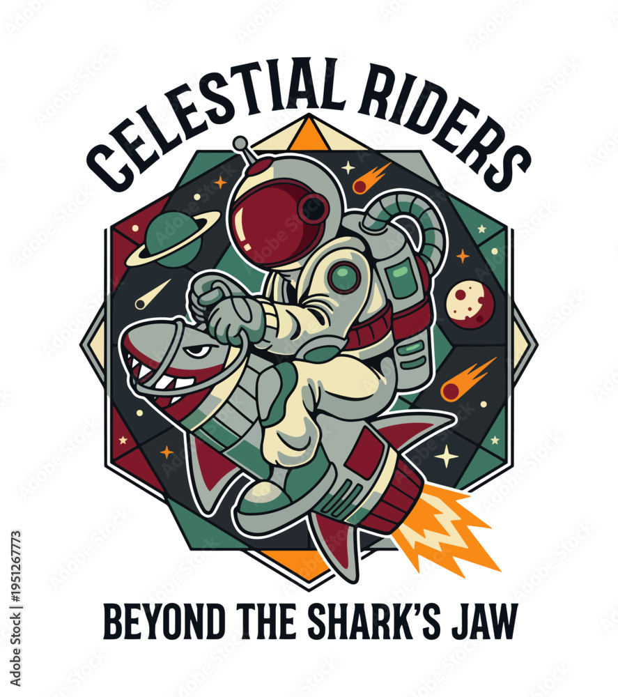 Fototapeta premium Whimsical astronaut character riding a rocket shaped like a shark through the cosmos surrounded by planets and stars Best Selling T-shirt Design
