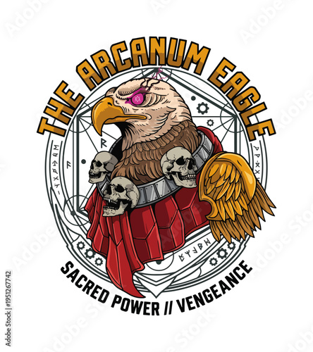 Stylized powerful eagle with glowing eyes and skulls on its chest surrounded by mystical symbols and text elements Best Selling T-shirt Design