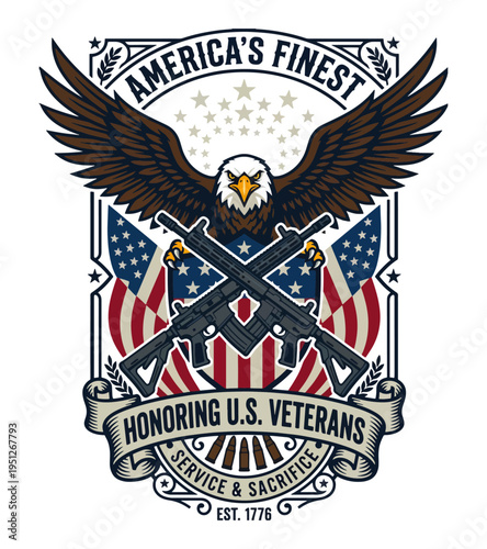 Symbolic illustration of Americas finest honoring US veterans with service and sacrifice imagery featuring eagle and guns Best Selling T-shirt Design