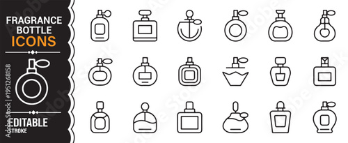 Modern perfume icon collection featuring scent bottles and cosmetic packaging in outline style