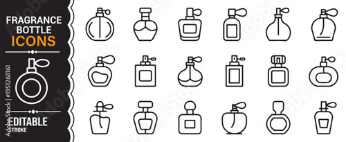 Fragrance and perfume bottle line icons set with editable stroke for beauty and cosmetic design