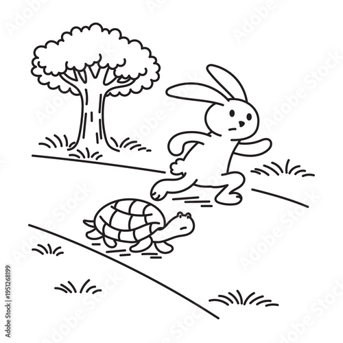 Aesop’s fable The Hare and the Tortoise vector illustration. Fairy tale line art doodle, perfect for children’s stories and educational use. Cute and simple fairy tale illustration.