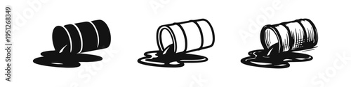Chemical Spill Barrel Icon Set: Polluting Liquid Leaking from Overturned Drum