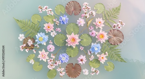 Top View of Mixed Colorful Flowers and Green Lily Pads Floating on Pond Water Aesthetic Floral Background for Wellness