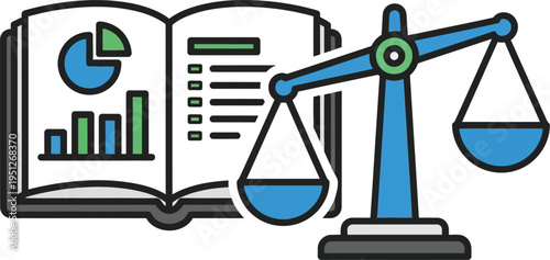 Financial audit book with balance scales and data charts