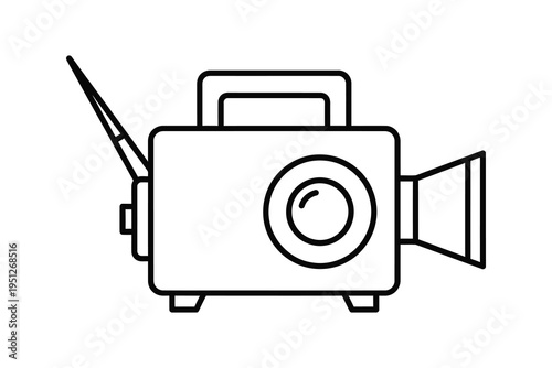 A black and white line drawing of a vintage movie camera with antenna and lens, film equipment icon for cinematic or broadcasting concepts.