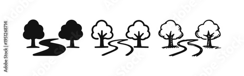 Winding Road and Trees Icon Set - Nature Path, Park Landscape, and Scenic Route Vector Illustration
