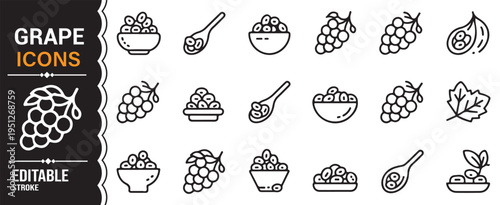Modern grape icon collection featuring fruit and vineyard elements in outline style