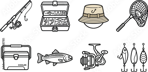 Hand drawn line art cleaning tools set featuring brooms, mops, buckets, spray bottle, dustpan, and scrub brush for housekeeping and sanitation
