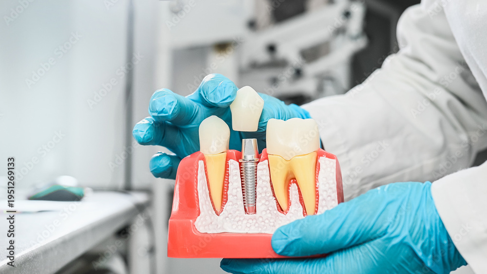 Obraz premium A dentist wearing sterile gloves holds an anatomical model with dental implants. Dental implant placement methods and types: endosteal and subperiosteal