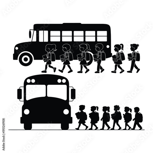Children Silhouettes Boarding School Buses kids students