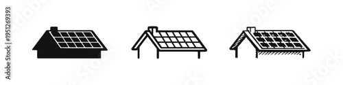 Green House with Solar Panels Icon Set. Sustainable Home and Renewable Energy Symbol.