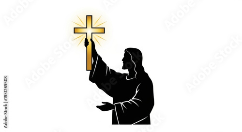 Jesus Christ Lifting Radiant Golden Cross
