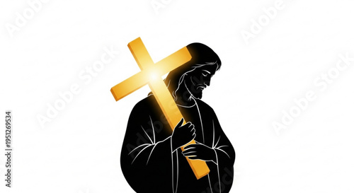Jesus Christ Silhouette Bearing a Glowing Golden Cross