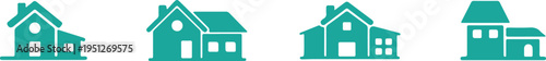 Row of Teal Silhouette House Icons on White Background