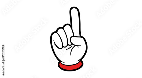 Cartoon hand with a red cuff pointing upwards with its index finger, isolated on a white background.