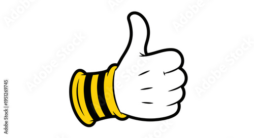 Cartoon hand with yellow and black striped cuff giving a positive thumbs-up gesture on a white background.