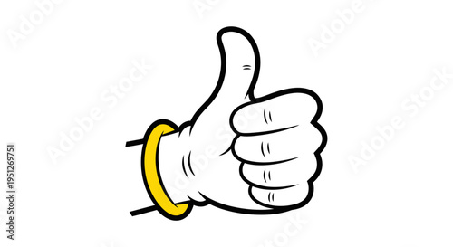A cartoon hand with a yellow bracelet giving a thumbs-up gesture, symbolizing approval or success on a white background.