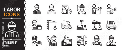 Modern industrial worker icon collection featuring engineers and machinery operators