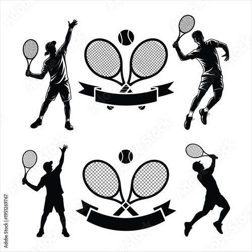 Tennis Player Silhouettes with Rackets and Balls sport