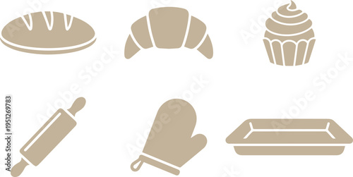 Vector Icons: Bread, Croissant, Cupcake, Rolling Pin, Mitten, Baking Pan