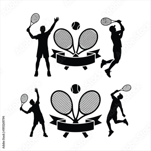 Tennis Player Silhouettes with Rackets and Balls sport
