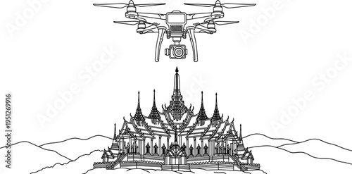 Black and white line drawing of drone flying above traditional ornate Southeast Asian temple with spires, modern UAV technology concept for aerial photography, cultural heritage documentation artwork