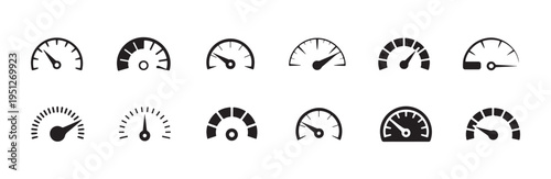 Set of speedometer icons with gauge needles and progress scales for car dashboard and performance
