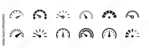 Collection of black speed meter icons showing different levels of acceleration and fuel indicators
