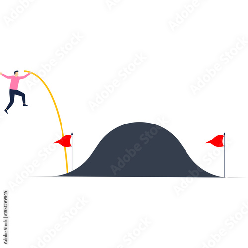 Self-improvement, challenging new goals, overcoming adversity. A merchant pole vaulting to new heights

