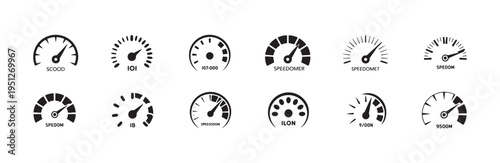Detailed speed meter icons with specific text branding for automotive applications and dashboards