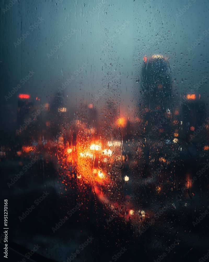 Fototapeta premium City Lights Bokeh Through Rain Drops on Window Glass at Night Moody Urban Scene 