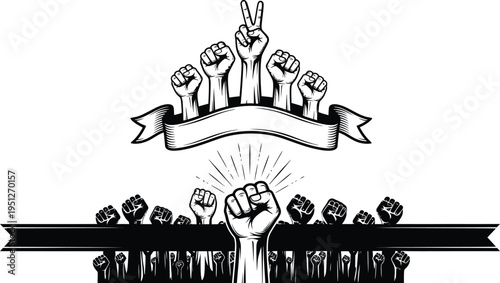 Unity and solidarity emblem with raised fists and crowd