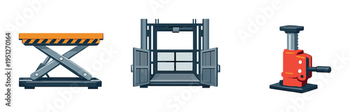 Scissor platform beside cargo lift with open doors and jack