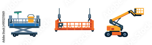 Mobile work platforms and articulated boom lift on dark background