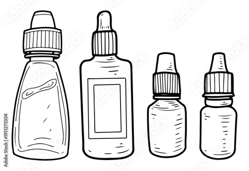 Set of tubes with drops. Vector sketch hand drawn. Medical preparation. Liquid medicine in plastic dropper container. Pharmacy. Cosmetic product. Line art graphic illustration.