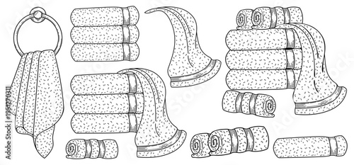 Set of towels. Vector sketch hand drawn. Absorbent bath fabric. Folded stack. Hanging on a round holder. Rolled up. Line art graphic illustration.