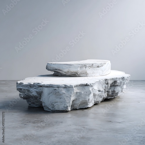 A stack of rough hewn white stone or concrete blocks on a gray floor